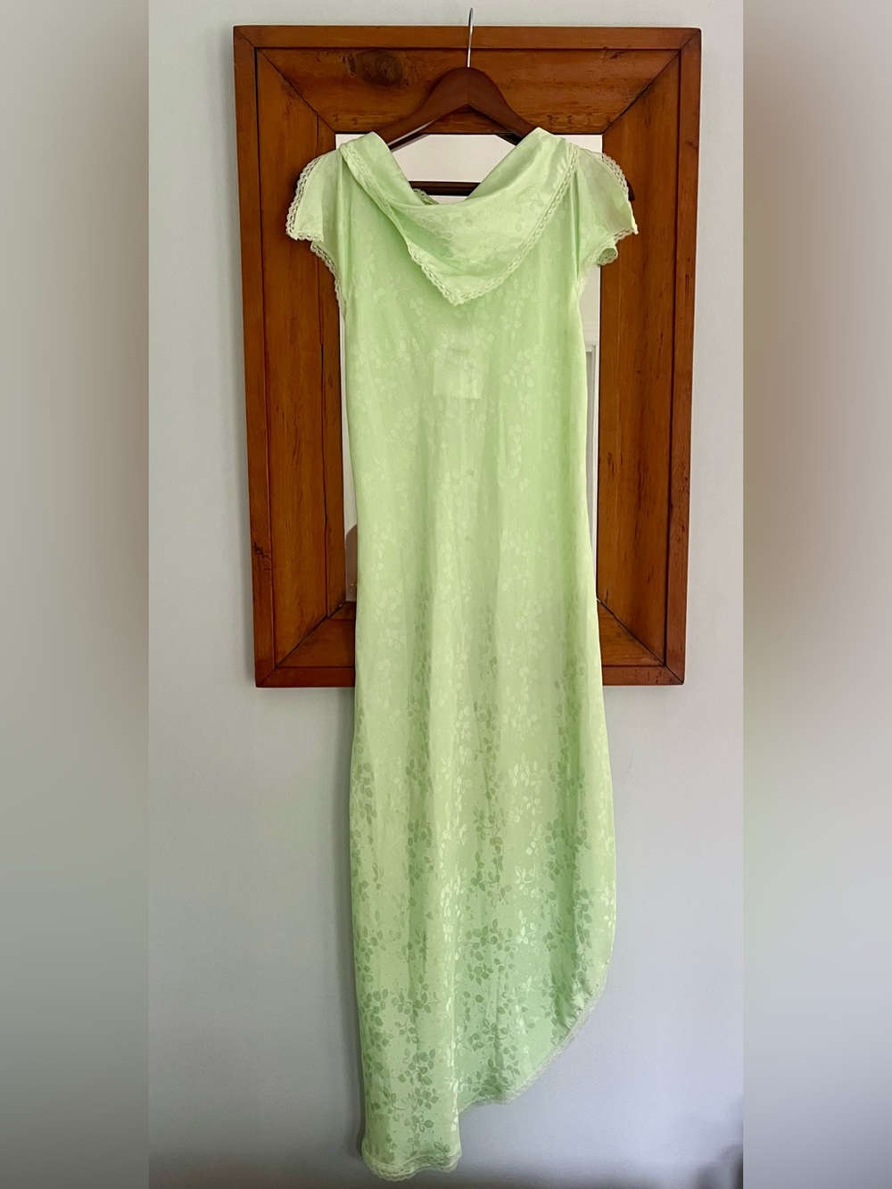 1970s Vintage Dior Asymmetrical Green Leaf Jacquard Lace Trim Dress